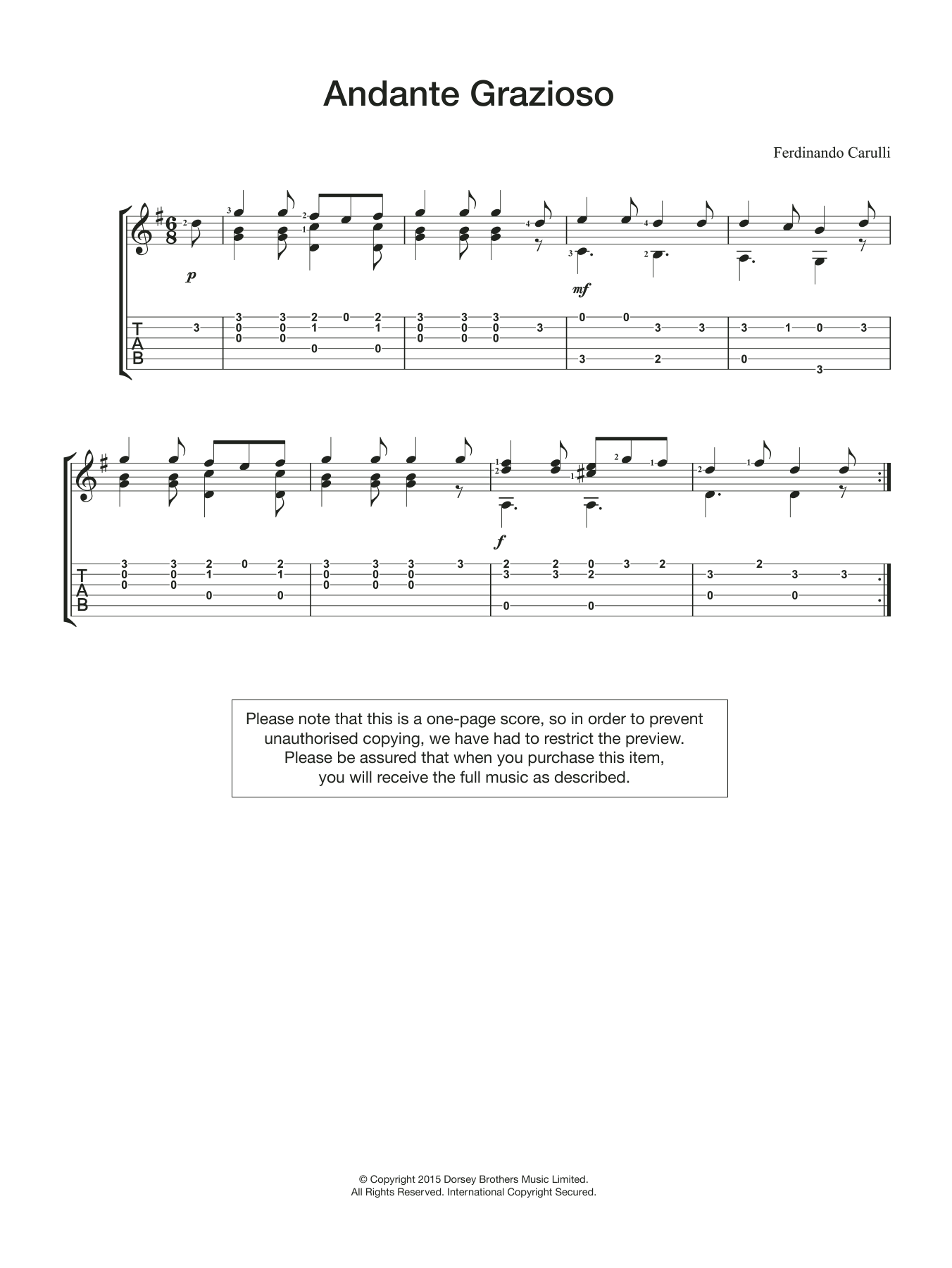 Ferdinando Carulli Andante Grazioso Sheet Music Notes & Chords for Guitar - Download or Print PDF
