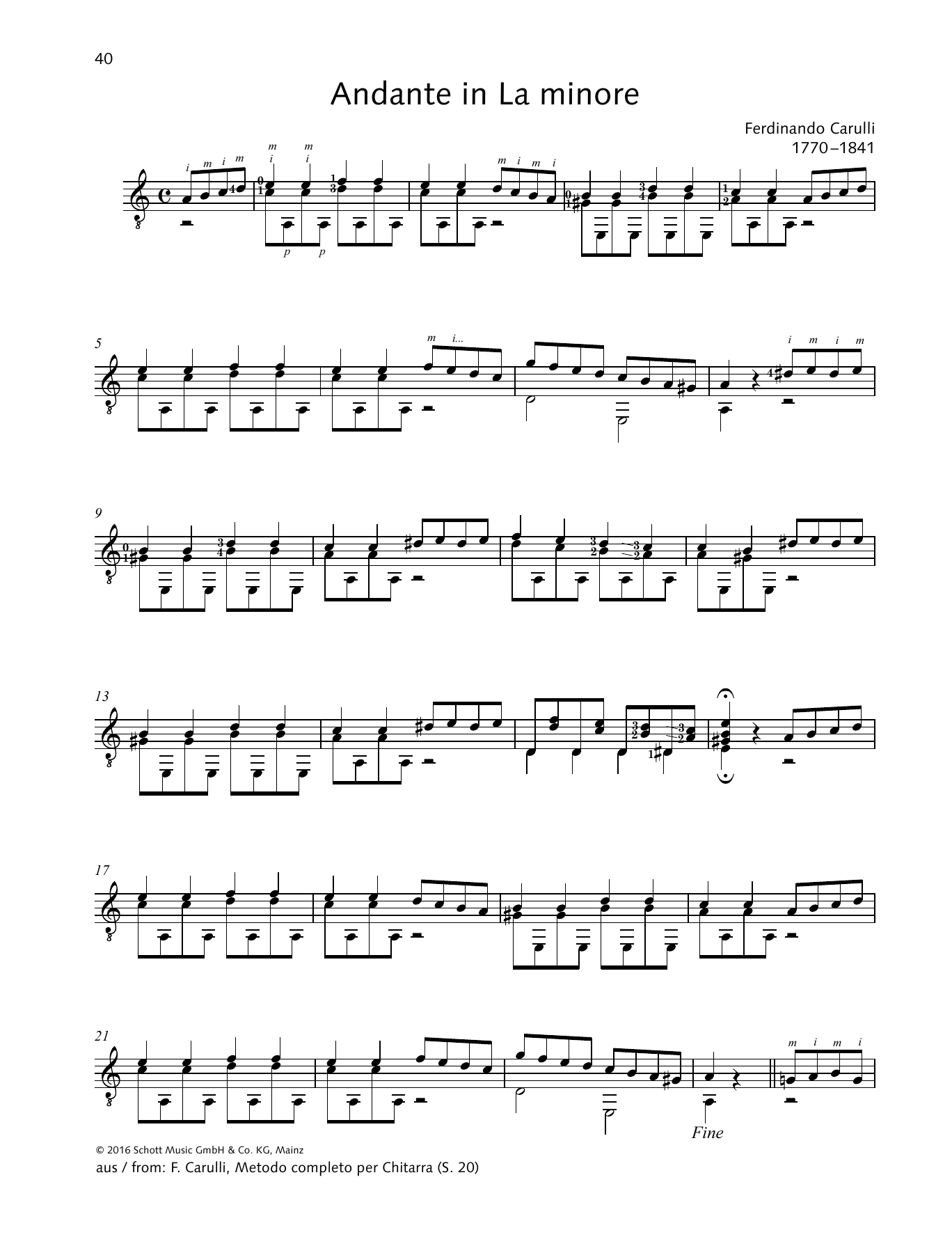 Ferdinando Carulli Andante in La minore Sheet Music Notes & Chords for Solo Guitar - Download or Print PDF