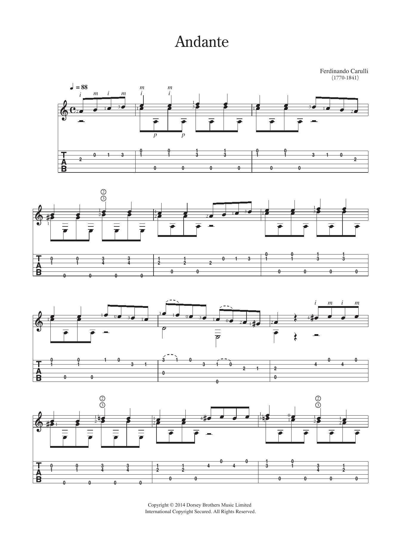 Ferdinando Carulli Andante Sheet Music Notes & Chords for Guitar - Download or Print PDF