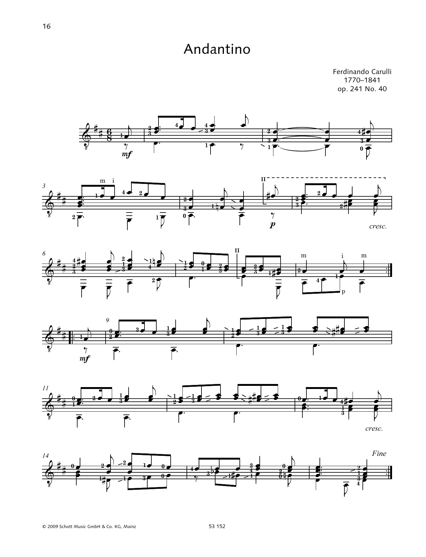 Ferdinando Carulli Andantino Sheet Music Notes & Chords for Solo Guitar - Download or Print PDF
