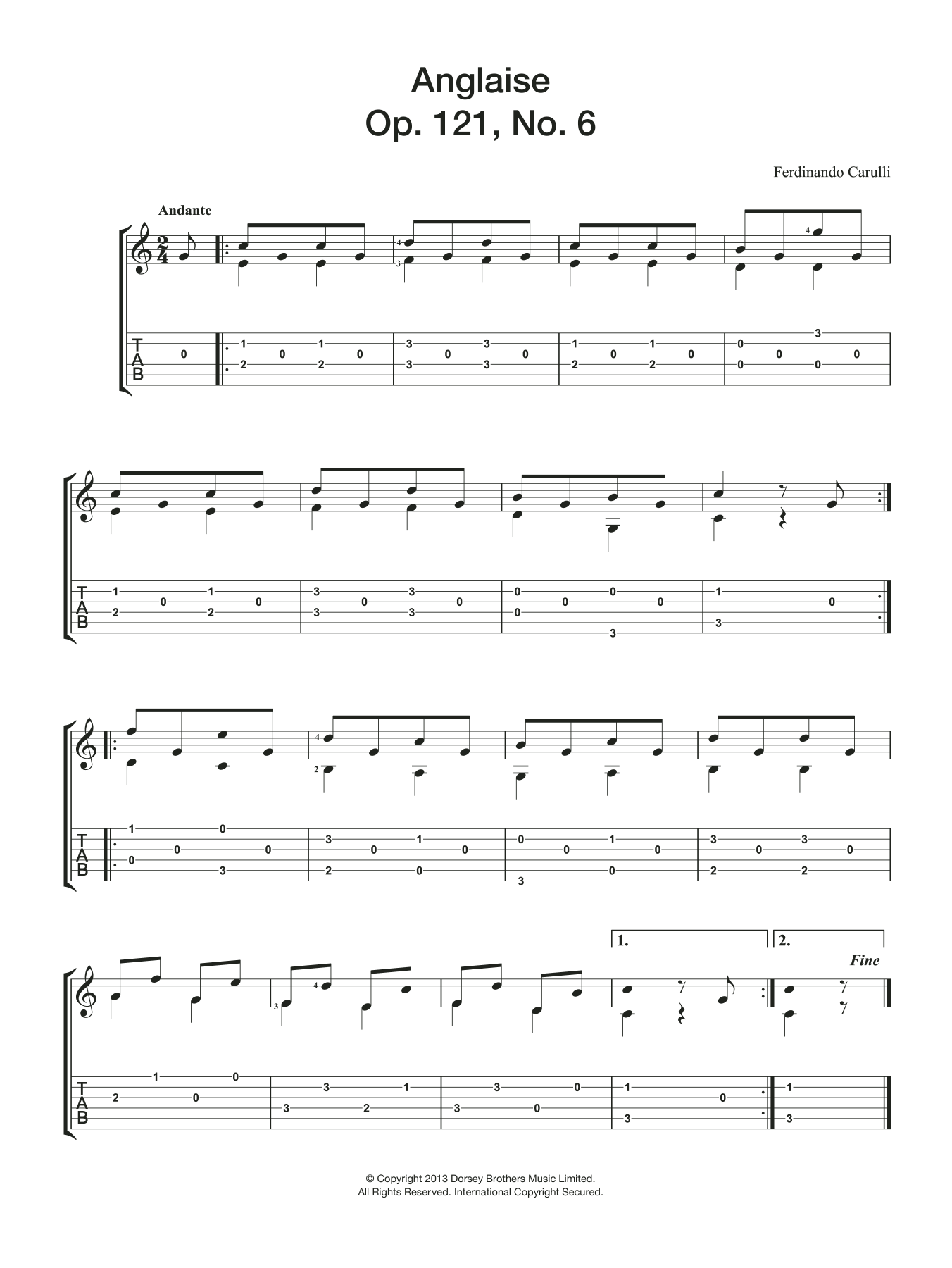 Ferdinando Carulli Anglaise Op. 121, No. 6 Sheet Music Notes & Chords for Guitar - Download or Print PDF