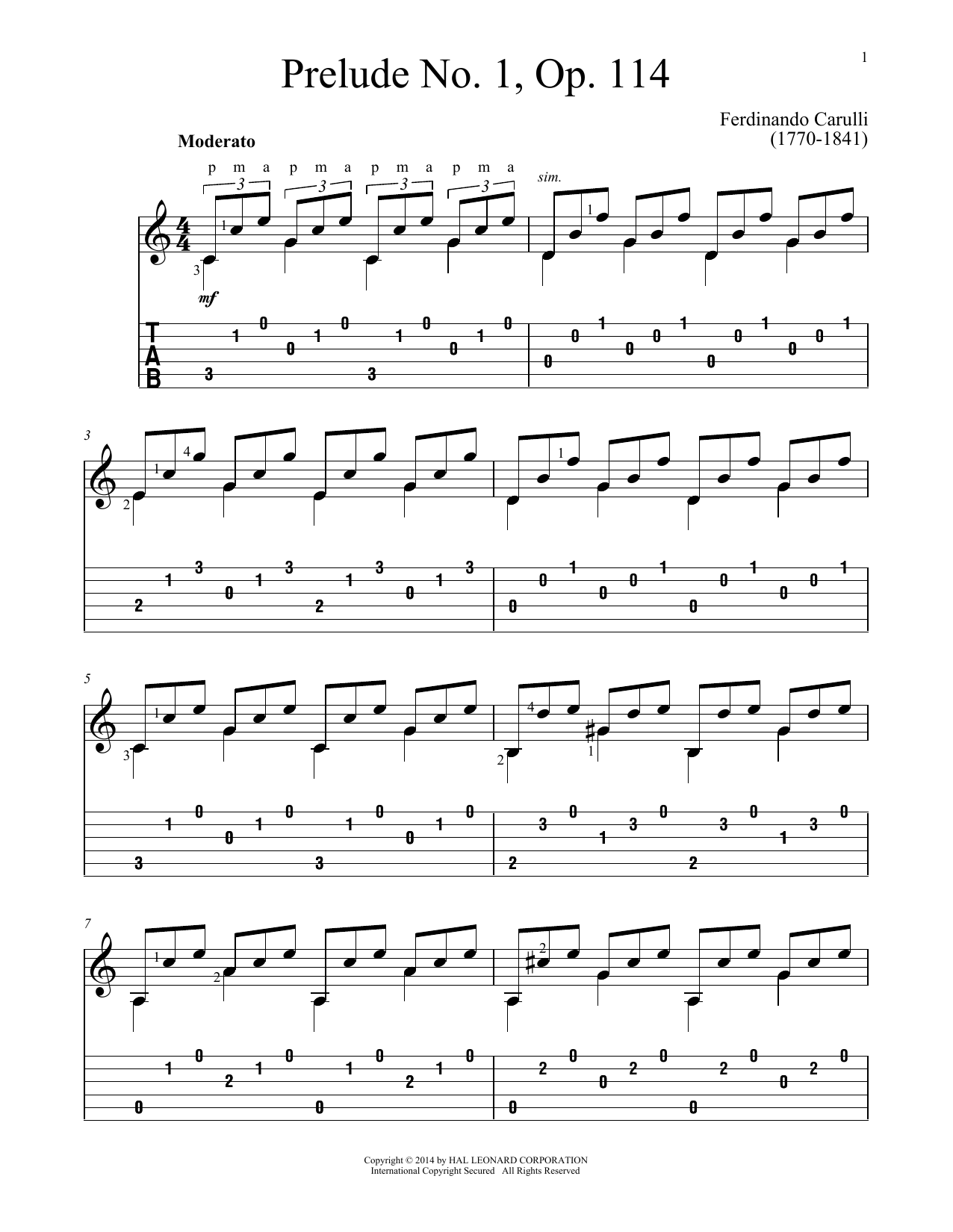 John Hill Prelude No. 1, Op. 114 Sheet Music Notes & Chords for Guitar Tab - Download or Print PDF