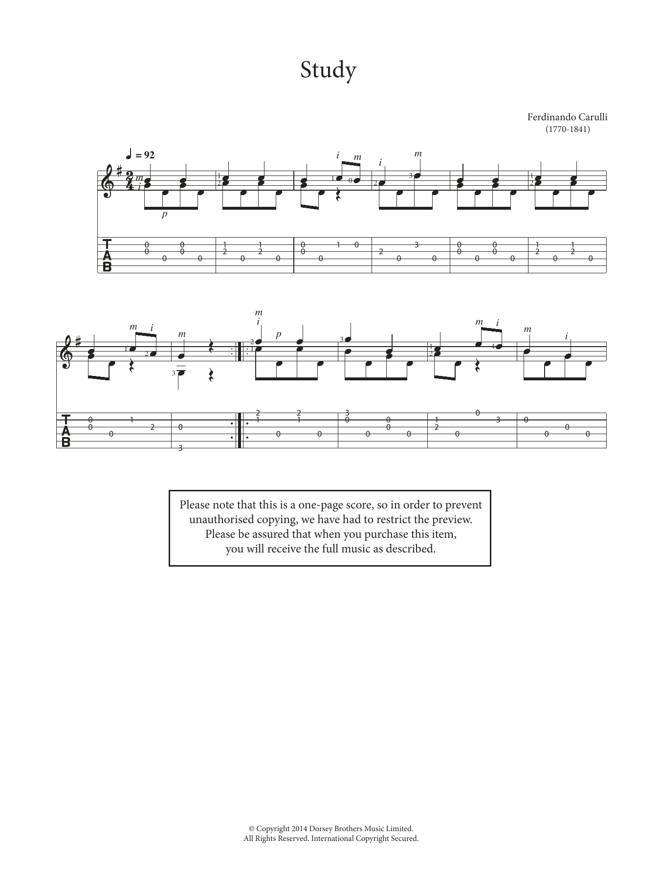 Ferdinando Carulli Study Sheet Music Notes & Chords for Guitar - Download or Print PDF
