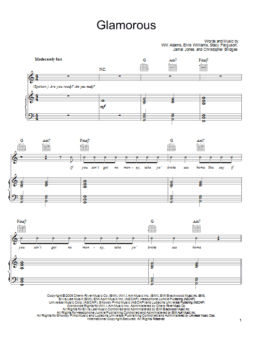 Fergie featuring Ludacris Glamorous Sheet Music Notes & Chords for Piano, Vocal & Guitar (Right-Hand Melody) - Download or Print PDF