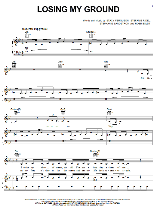 Fergie Losing My Ground Sheet Music Notes & Chords for Piano, Vocal & Guitar (Right-Hand Melody) - Download or Print PDF