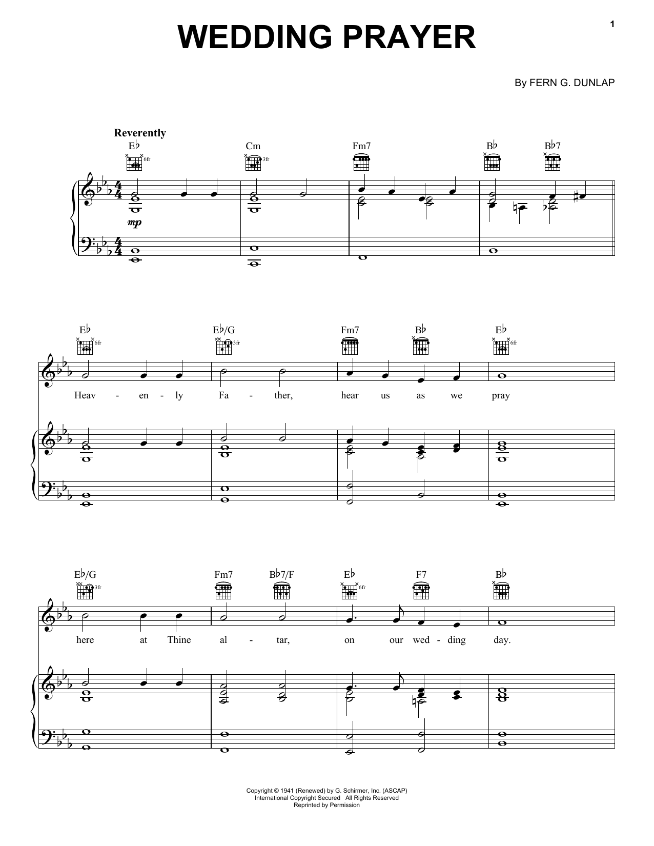 Fern G. Dunlap Wedding Prayer Sheet Music Notes & Chords for Piano, Vocal & Guitar Chords (Right-Hand Melody) - Download or Print PDF