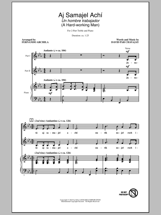 Fernando Archila Aj Samajel Achí (Un Hombre Trabajador - A Hard-Working Man) Sheet Music Notes & Chords for 2-Part Choir - Download or Print PDF