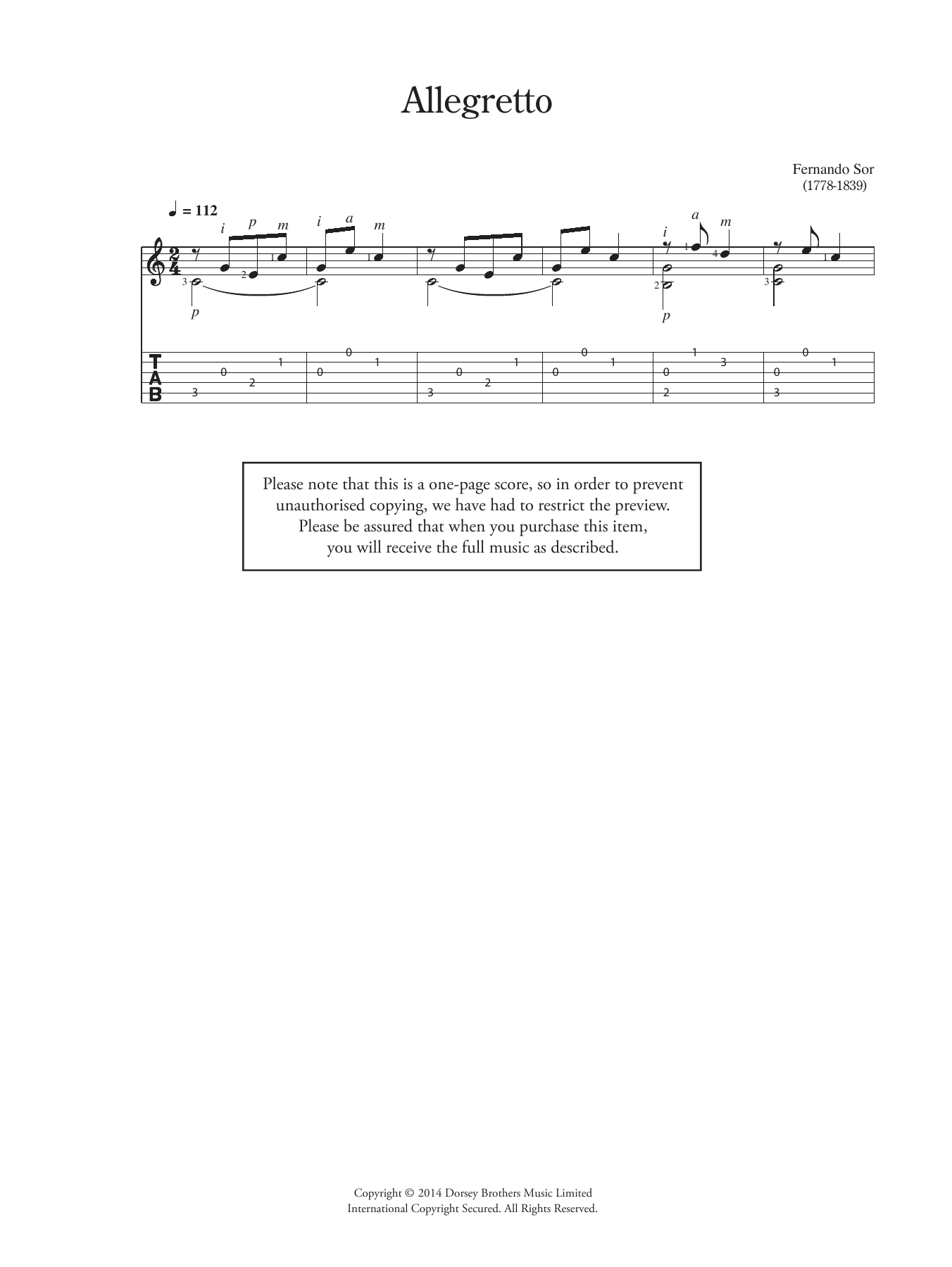 Fernando Sor Allegretto Sheet Music Notes & Chords for Guitar - Download or Print PDF