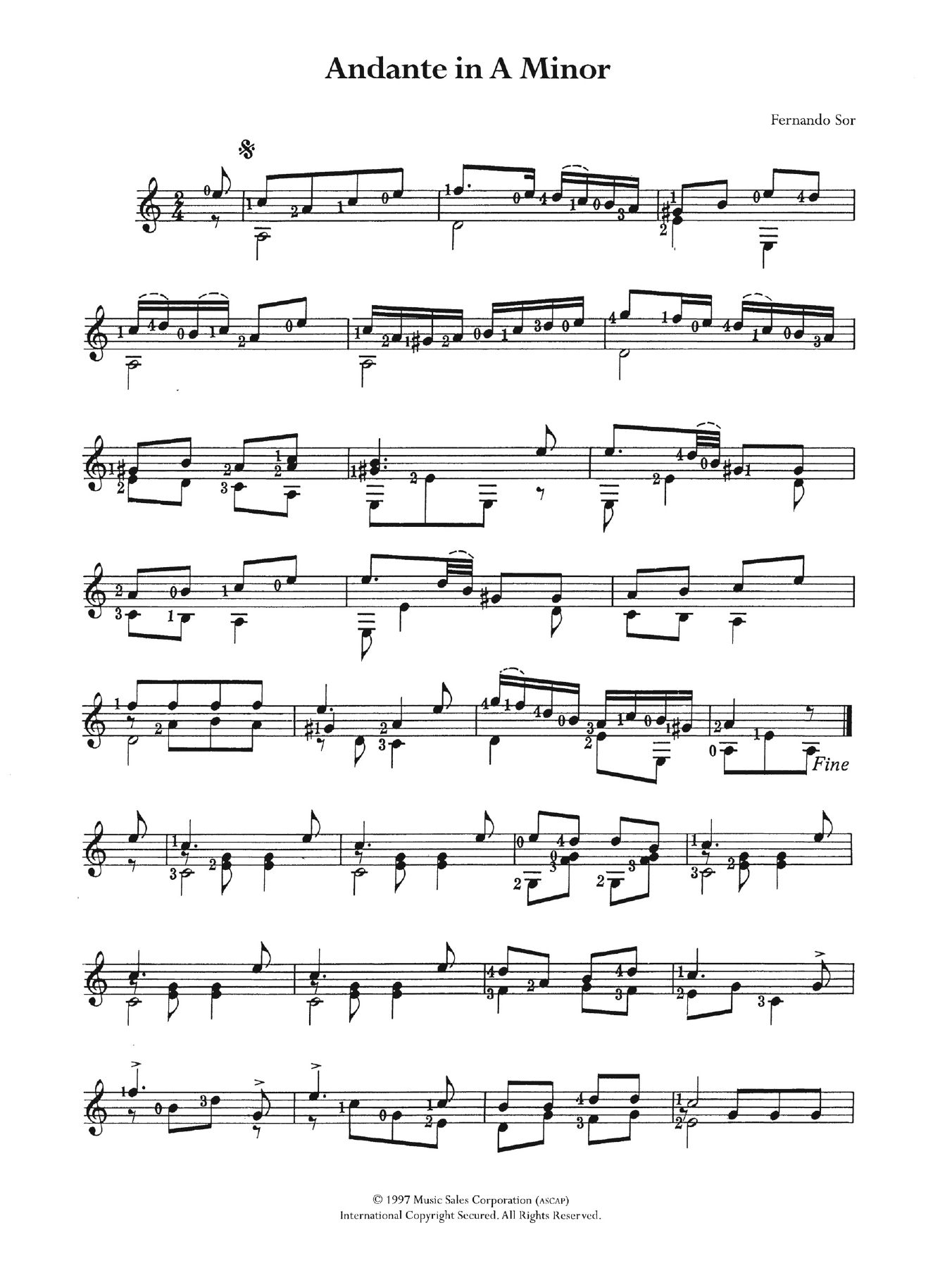 Fernando Sor Andante In A Minor Sheet Music Notes & Chords for Guitar - Download or Print PDF