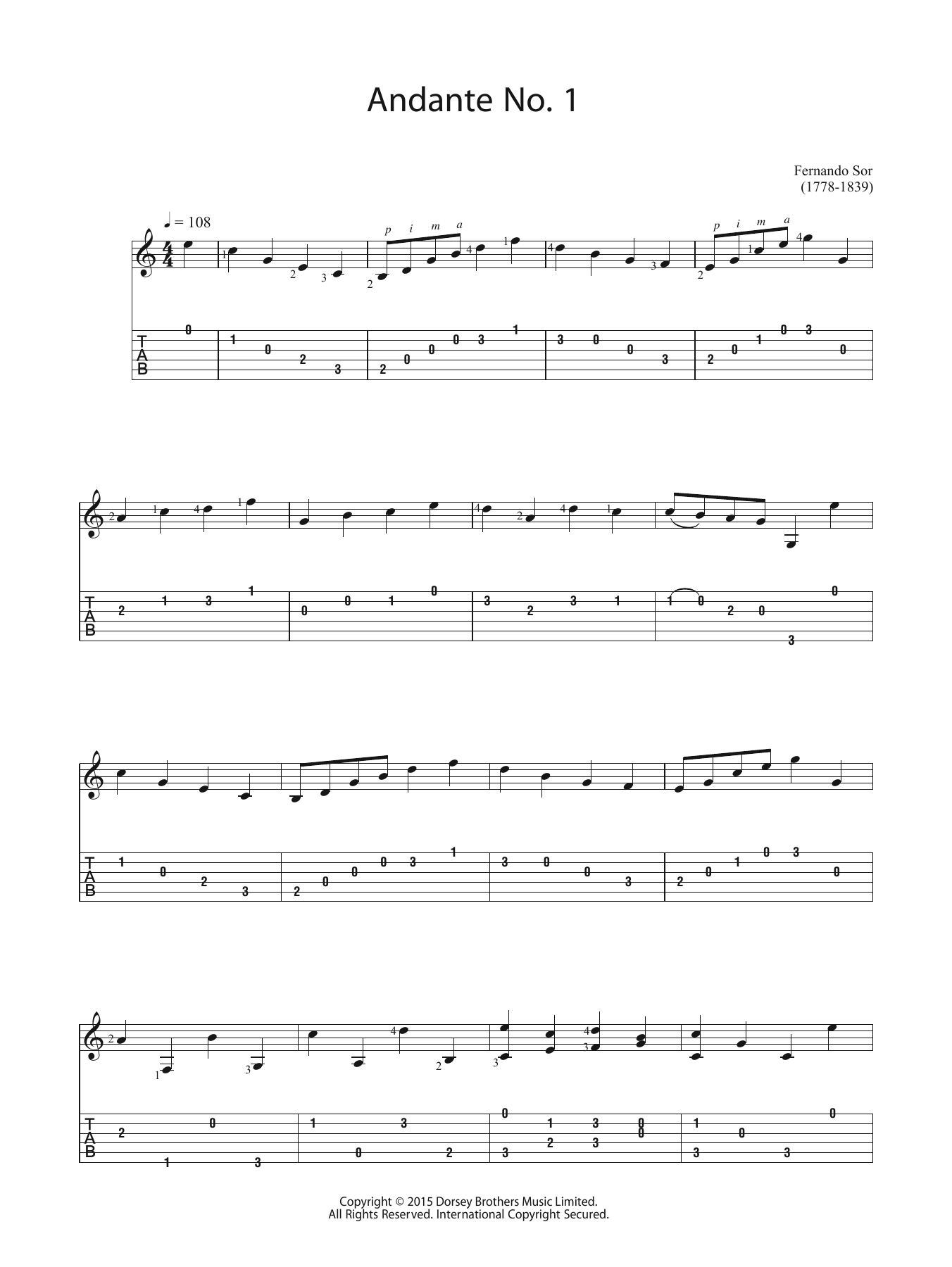Fernando Sor Andante No. 1 Sheet Music Notes & Chords for Guitar - Download or Print PDF