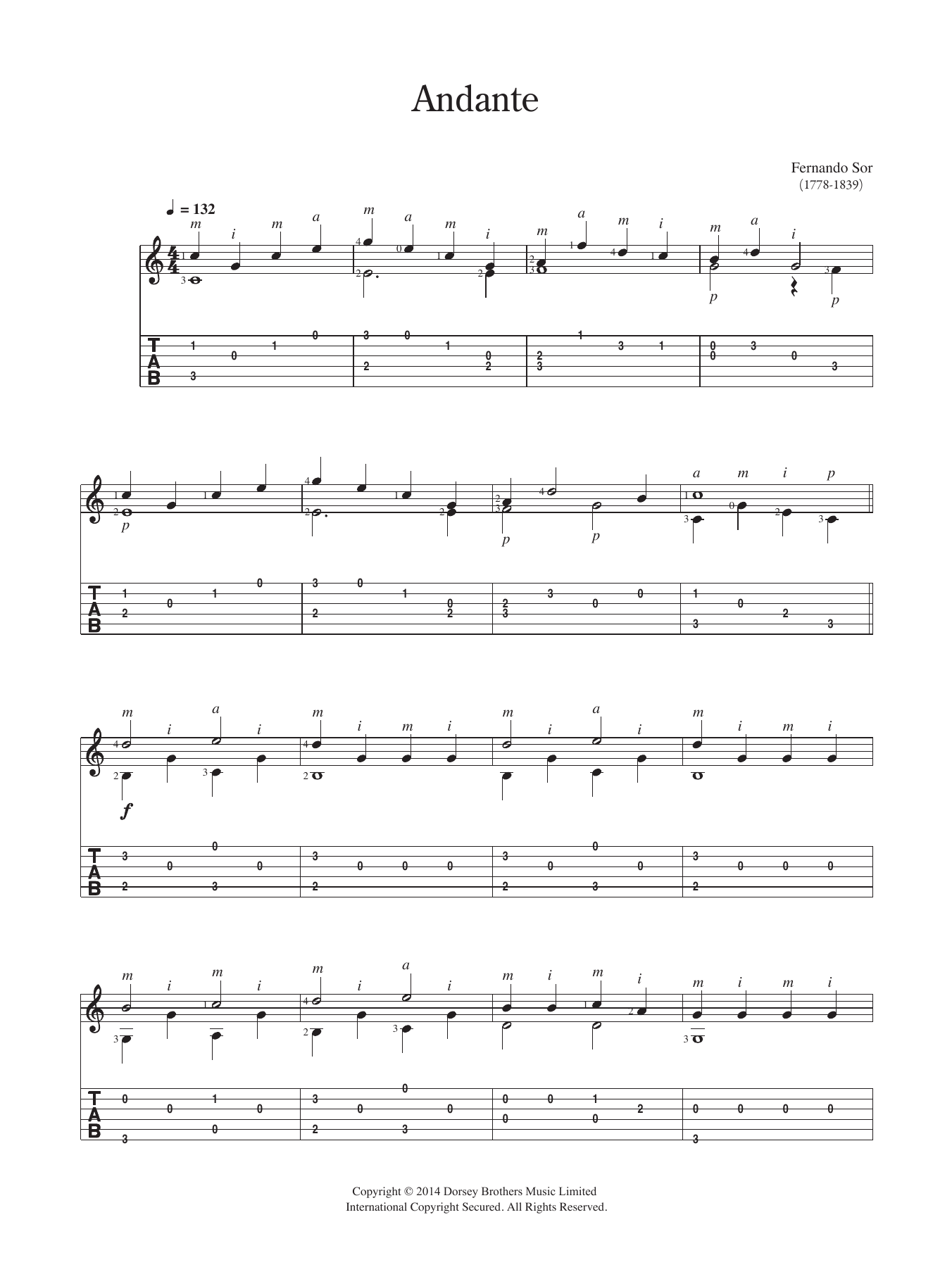 Fernando Sor Andante Sheet Music Notes & Chords for Guitar - Download or Print PDF