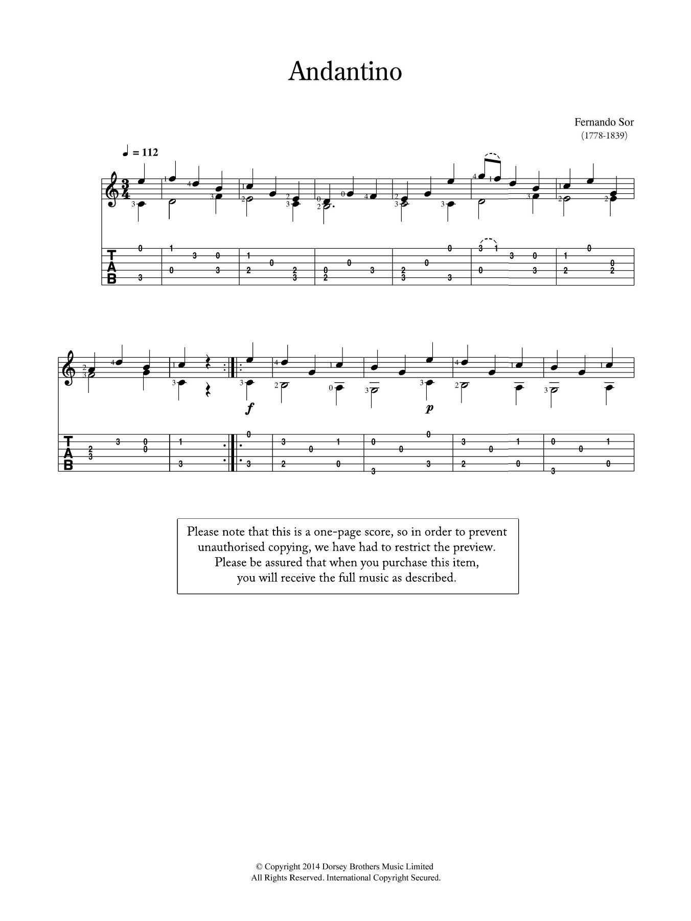 Fernando Sor Andantino Sheet Music Notes & Chords for Guitar - Download or Print PDF