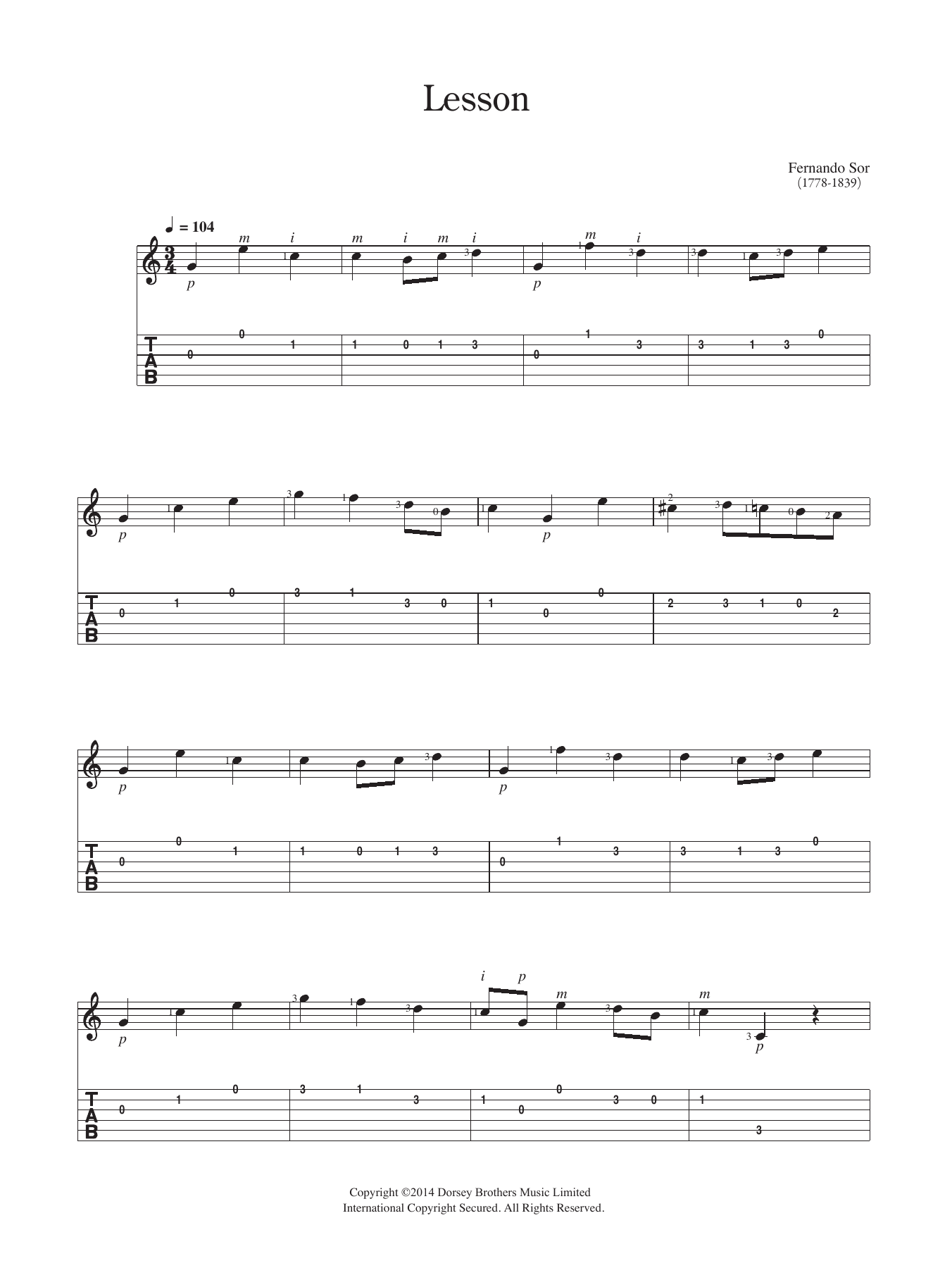 Fernando Sor Lesson Sheet Music Notes & Chords for Guitar - Download or Print PDF