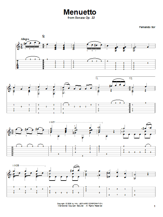Fernando Sor Menuetto (from Sonata Op. 22) Sheet Music Notes & Chords for Guitar Tab - Download or Print PDF