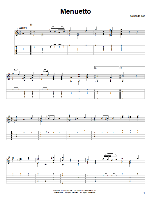 Fernando Sor Menuetto Sheet Music Notes & Chords for Guitar Tab - Download or Print PDF