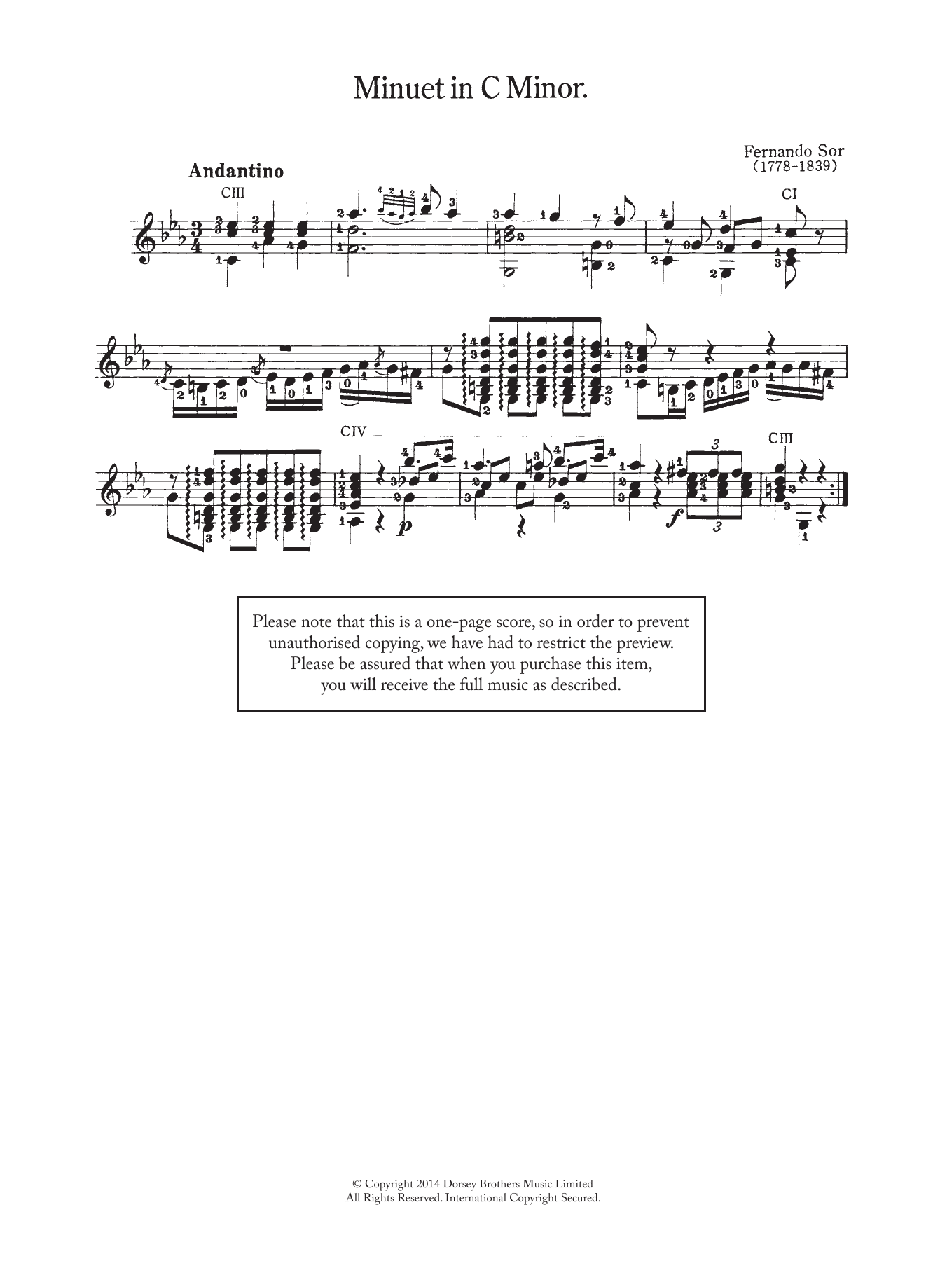 Fernando Sor Minuet In C Minor Sheet Music Notes & Chords for Guitar - Download or Print PDF