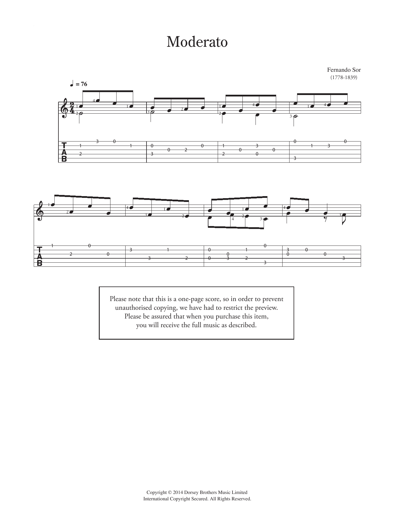 Fernando Sor Moderato Sheet Music Notes & Chords for Guitar - Download or Print PDF