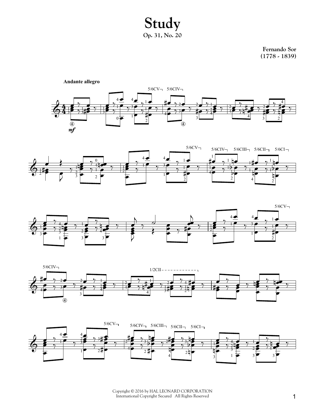 Fernando Sor Study Op. 31, No. 20 Sheet Music Notes & Chords for Guitar Tab - Download or Print PDF