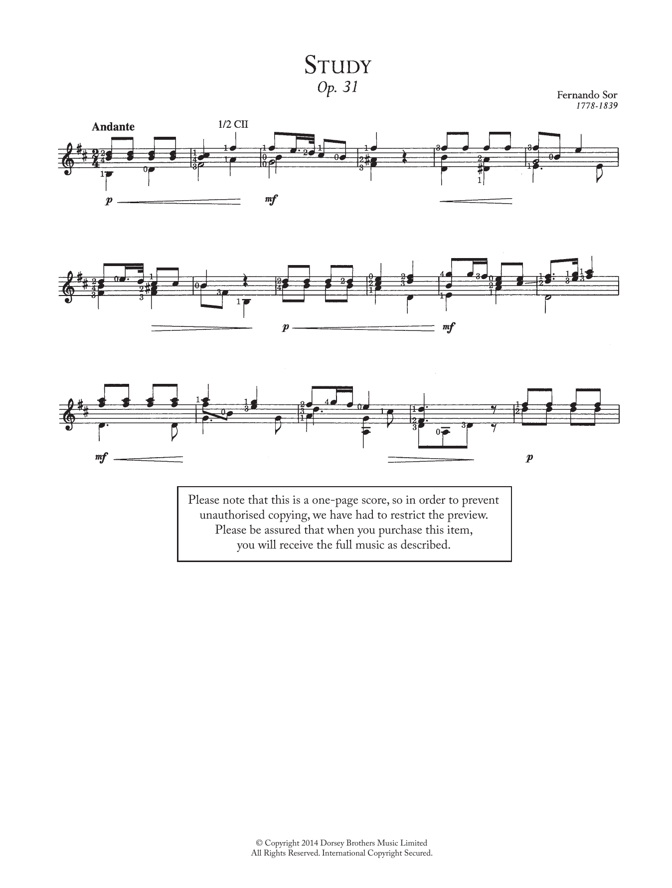 Fernando Sor Study, Op.31 Sheet Music Notes & Chords for Guitar - Download or Print PDF