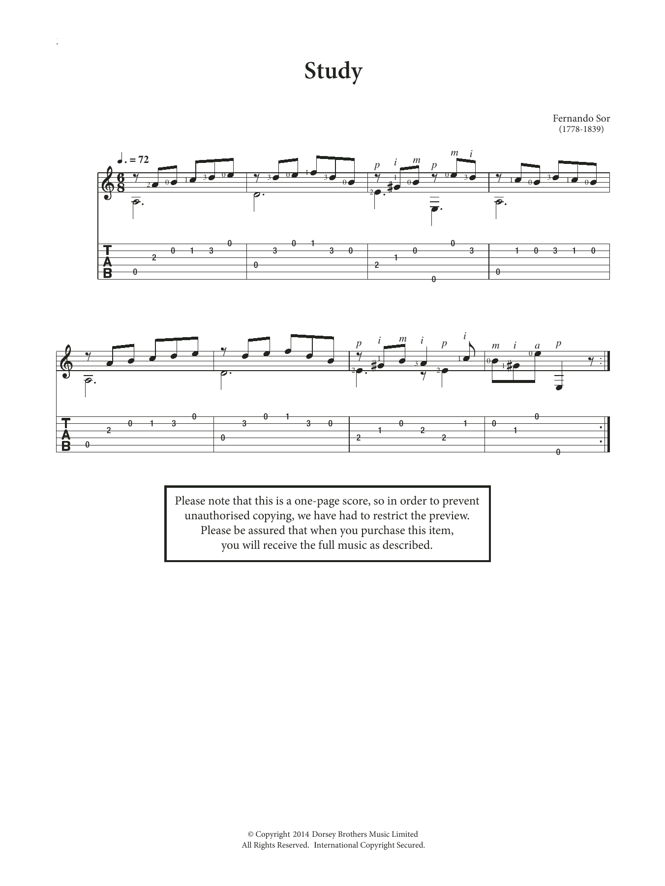 Fernando Sor Study Sheet Music Notes & Chords for Guitar - Download or Print PDF
