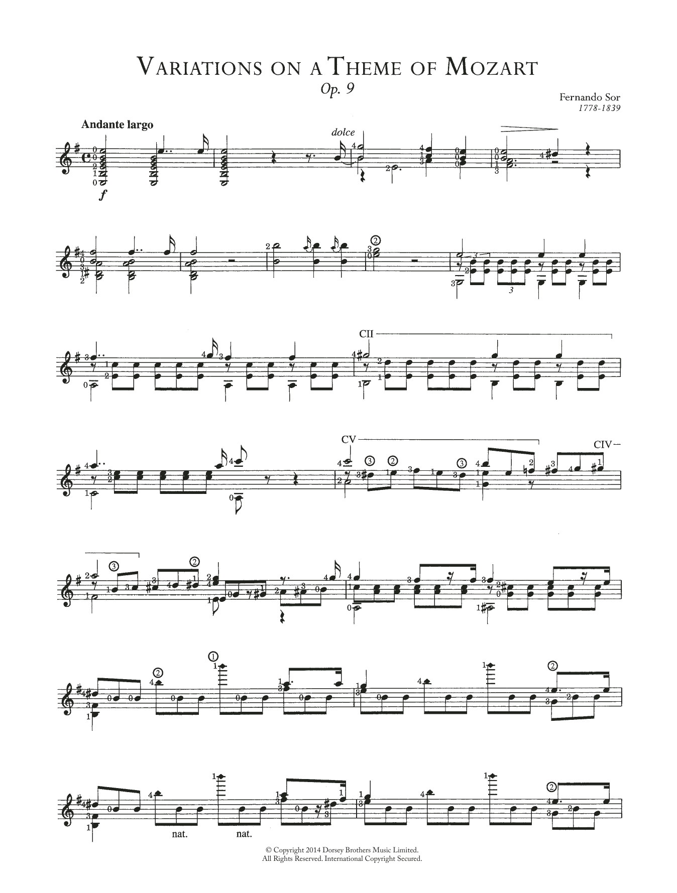 Fernando Sor Variations On A Theme Of Mozart Opus 9 Sheet Music Notes & Chords for Guitar - Download or Print PDF