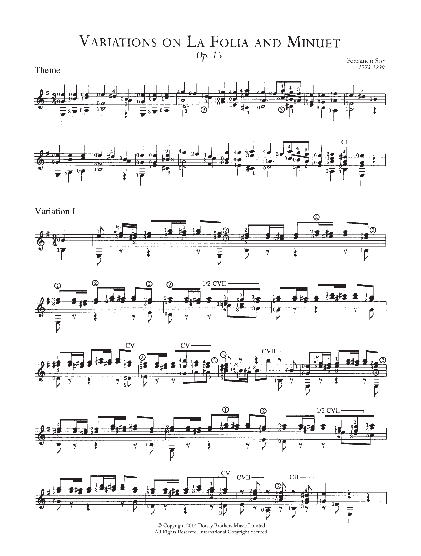 Fernando Sor Variations On La Folia And Minuet, Op.15 Sheet Music Notes & Chords for Guitar - Download or Print PDF