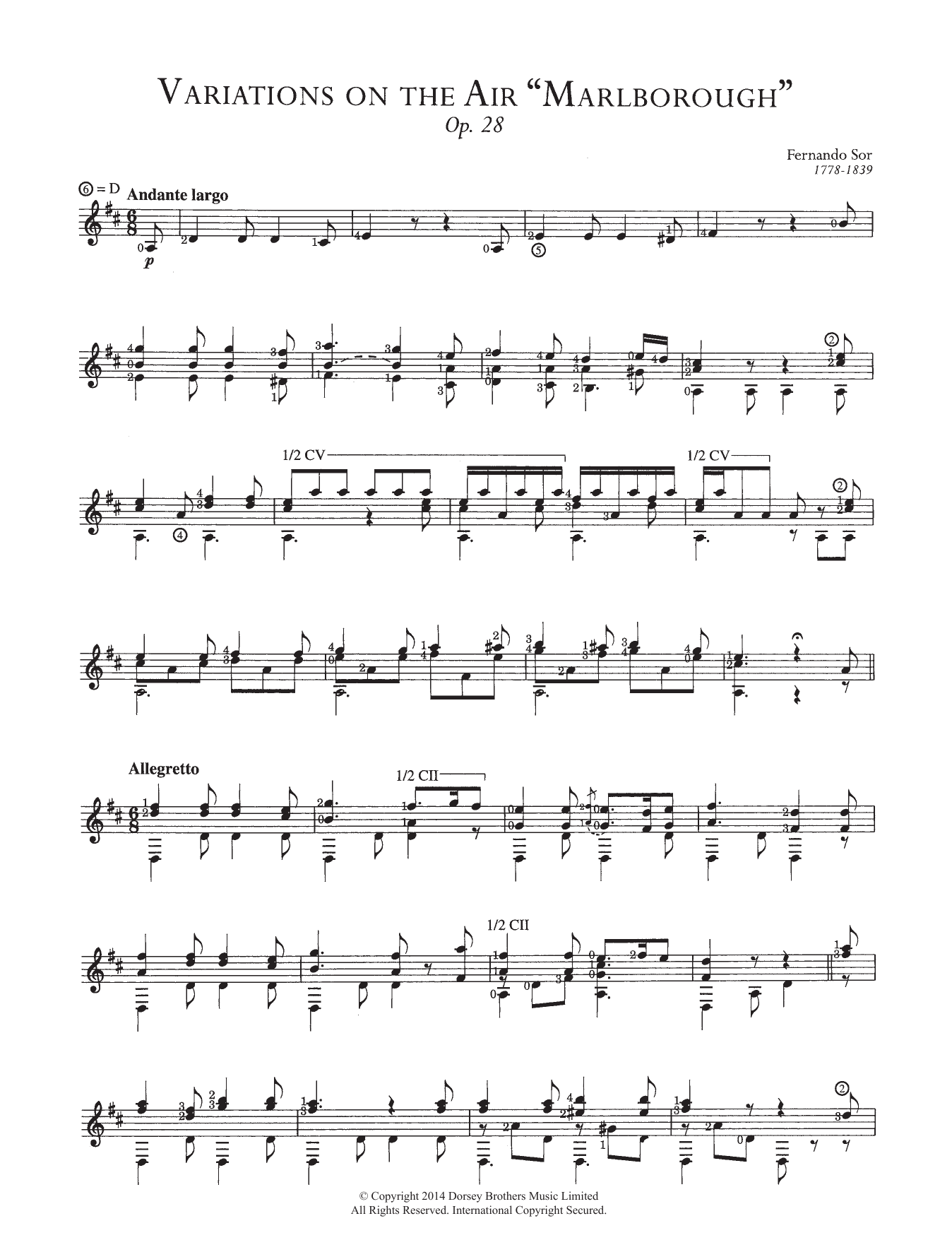 Fernando Sor Variations On The Air 'Marlborough', Op.28 Sheet Music Notes & Chords for Guitar - Download or Print PDF