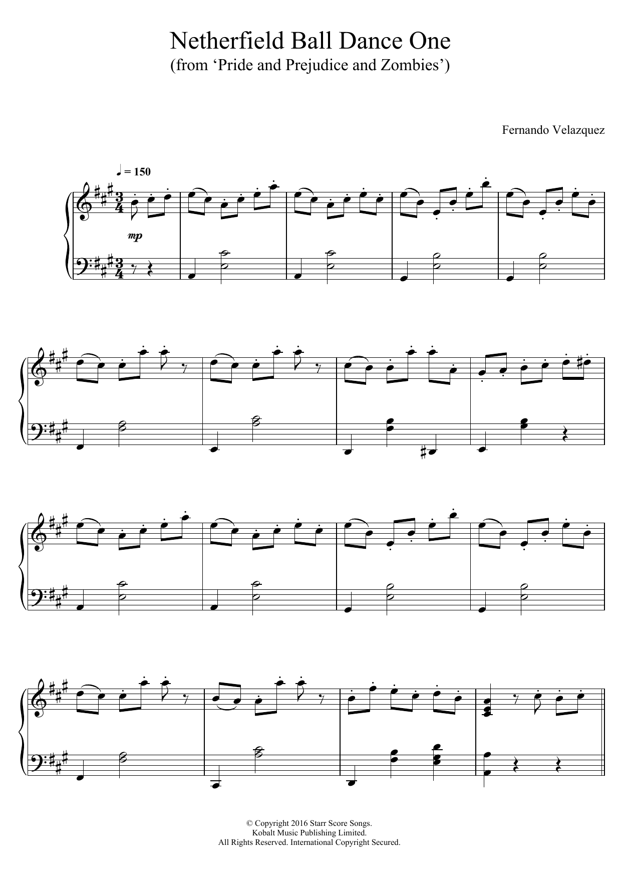 Fernando Velazquez Netherfield Ball Dance One (from 'Pride and Prejudice and Zombies') Sheet Music Notes & Chords for Piano - Download or Print PDF