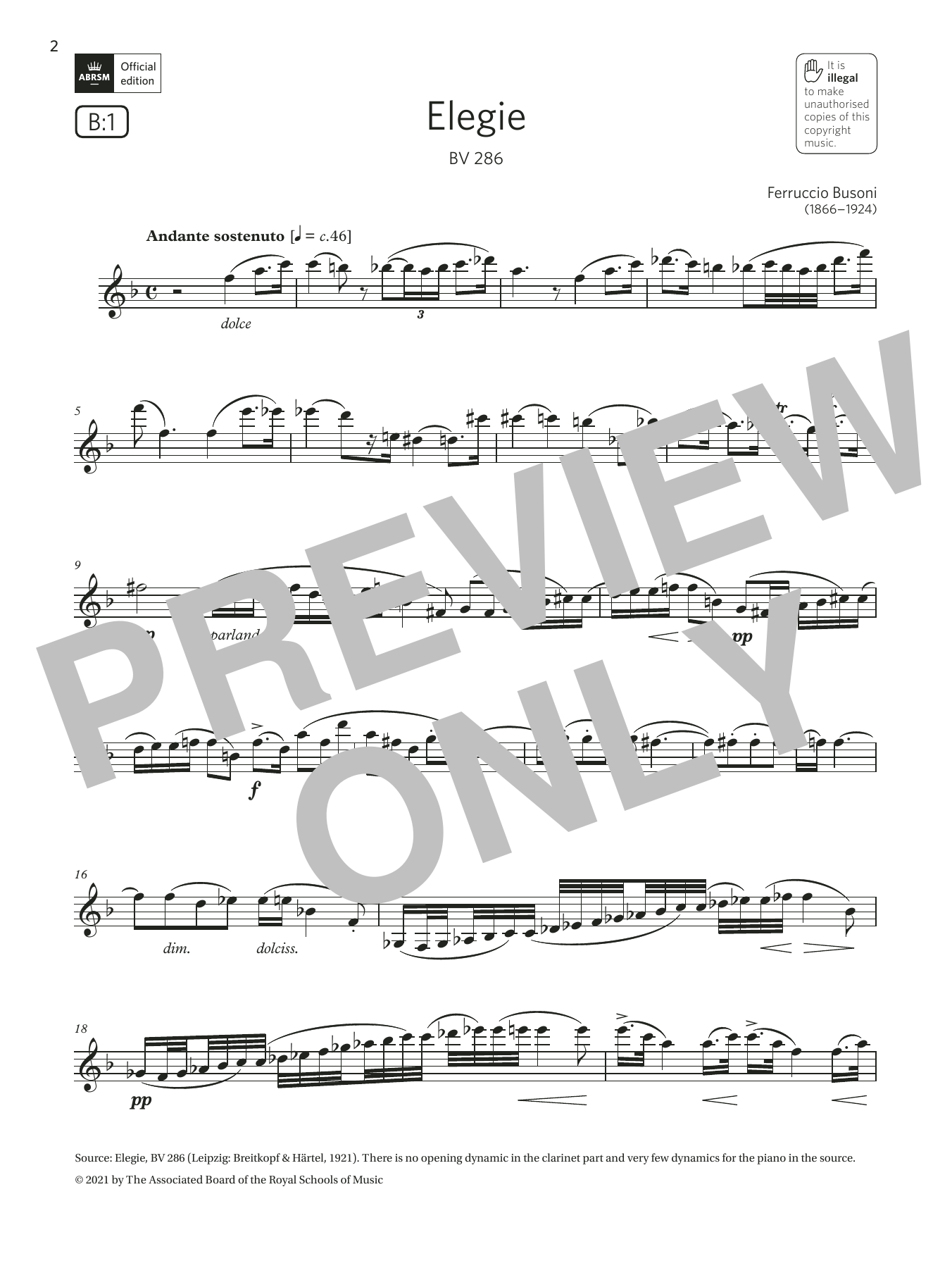 Ferruccio Busoni Elegie, BV 286 (Grade 7 List B1 from the ABRSM Clarinet syllabus from 2022) Sheet Music Notes & Chords for Clarinet Solo - Download or Print PDF