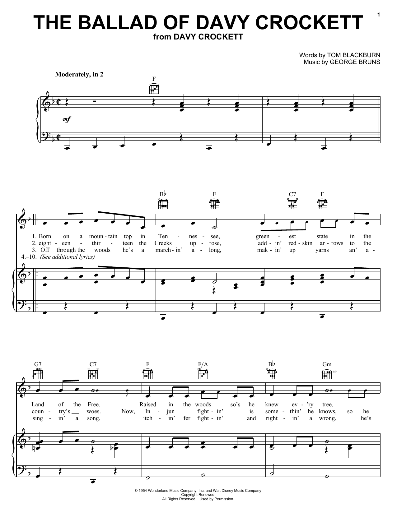 Fess Parker The Ballad Of Davy Crockett (from Davy Crockett) Sheet Music Notes & Chords for Ukulele Chords/Lyrics - Download or Print PDF