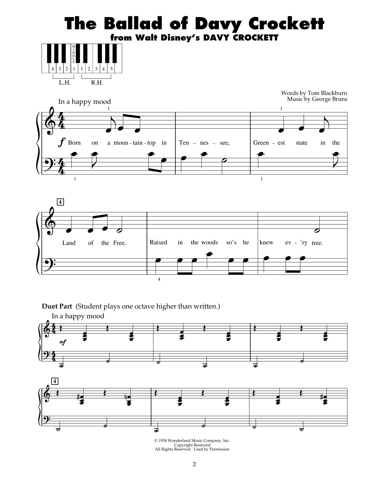 Fess Parker The Ballad Of Davy Crockett Sheet Music Notes & Chords for 5-Finger Piano - Download or Print PDF