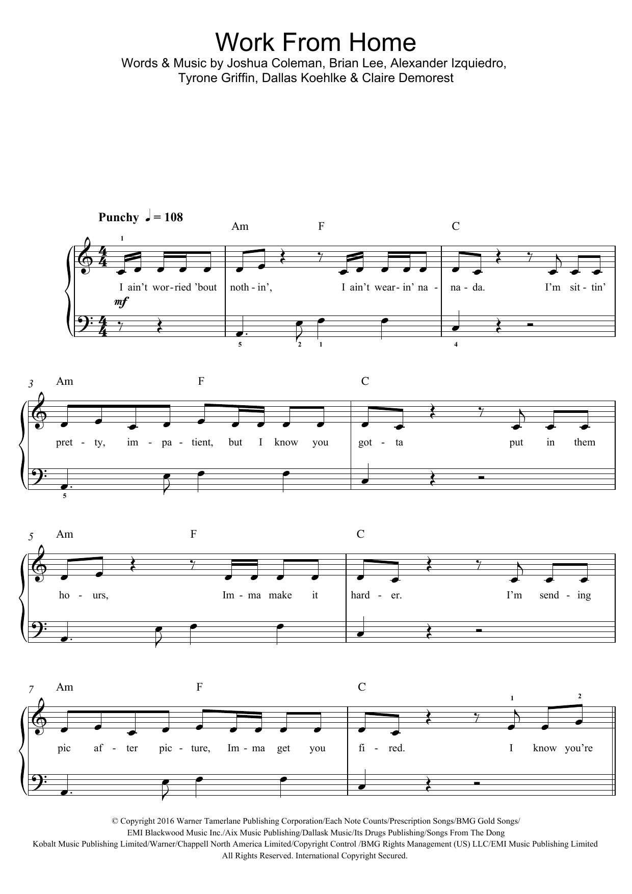 Fifth Harmony Work From Home (featuring Ty Dolla $ign) Sheet Music Notes & Chords for Beginner Piano - Download or Print PDF
