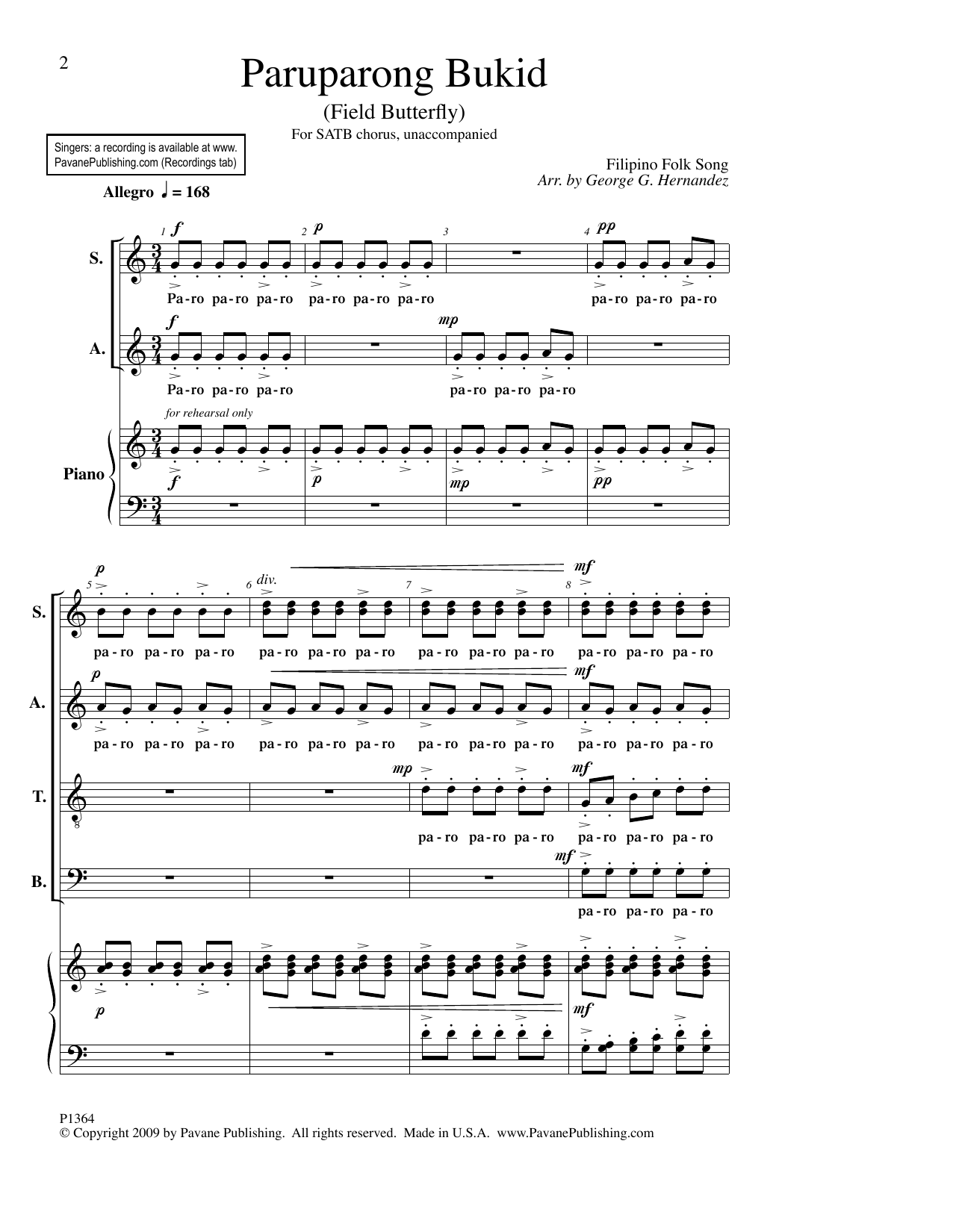 Filipino Folk Song Paruparong Bukid (Field Butterfly) (arr. George Hernandez) Sheet Music Notes & Chords for SATB Choir - Download or Print PDF
