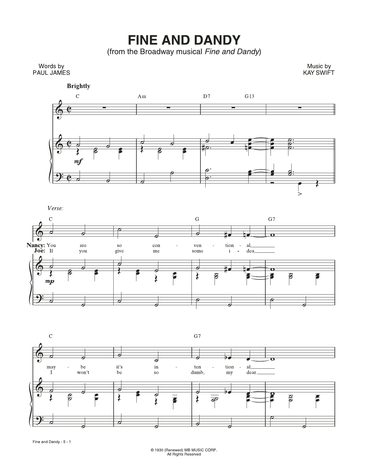 Preview Kay Swift & Paul James Fine And Dandy (from the musical Fine and Dandy) Broadway sheet music, notes and chords for Piano & Vocal, SKU: 449181 sheet music, piano notes, chords, guitar tabs, score, transpose, transcribe, how to play, guide, download, learn, tutorial, progression, song, artist, awards, billboard, mtv, vh1, tour, single, album, release