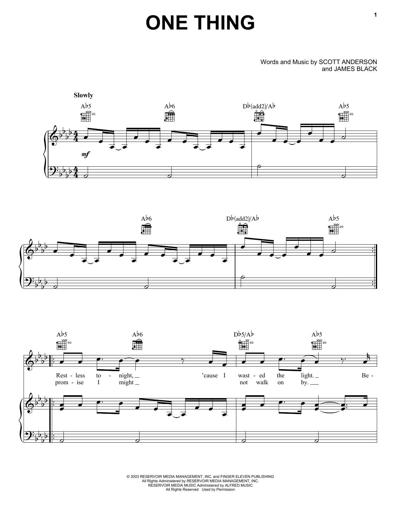 Finger Eleven One Thing Sheet Music Notes & Chords for Piano, Vocal & Guitar (Right-Hand Melody) - Download or Print PDF