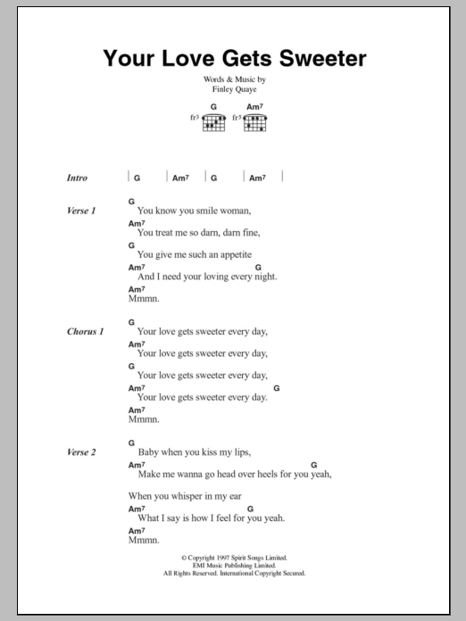 Finley Quaye Your Love Gets Sweeter Sheet Music Notes & Chords for Lyrics & Chords - Download or Print PDF