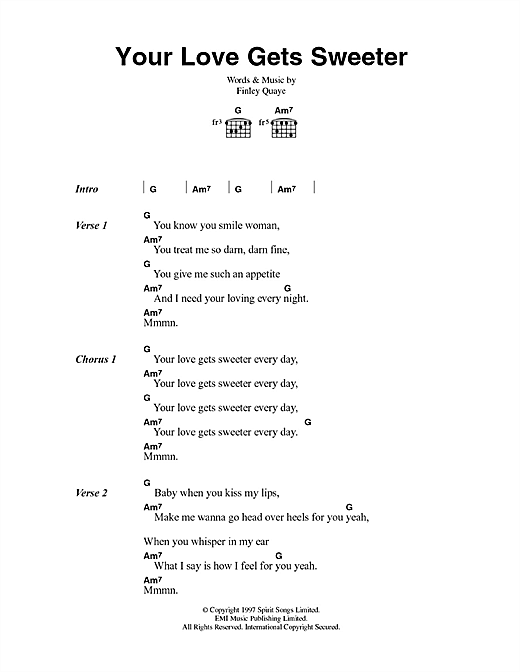 Finley Quaye Your Love Gets Sweeter Sheet Music Notes & Chords for Lyrics & Chords - Download or Print PDF