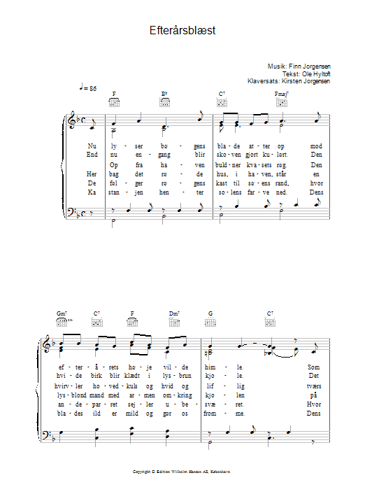Preview Finn Jorgensen Efterårsblæst Folk sheet music, notes and chords for Piano, Vocal & Guitar (Right-Hand Melody), SKU: 34043 Efterårsblæst sheet music