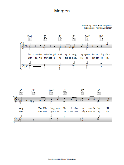 Preview Finn Jorgensen Morgen Folk sheet music, notes and chords for Piano, Vocal & Guitar (Right-Hand Melody), SKU: 34152 Morgen sheet music