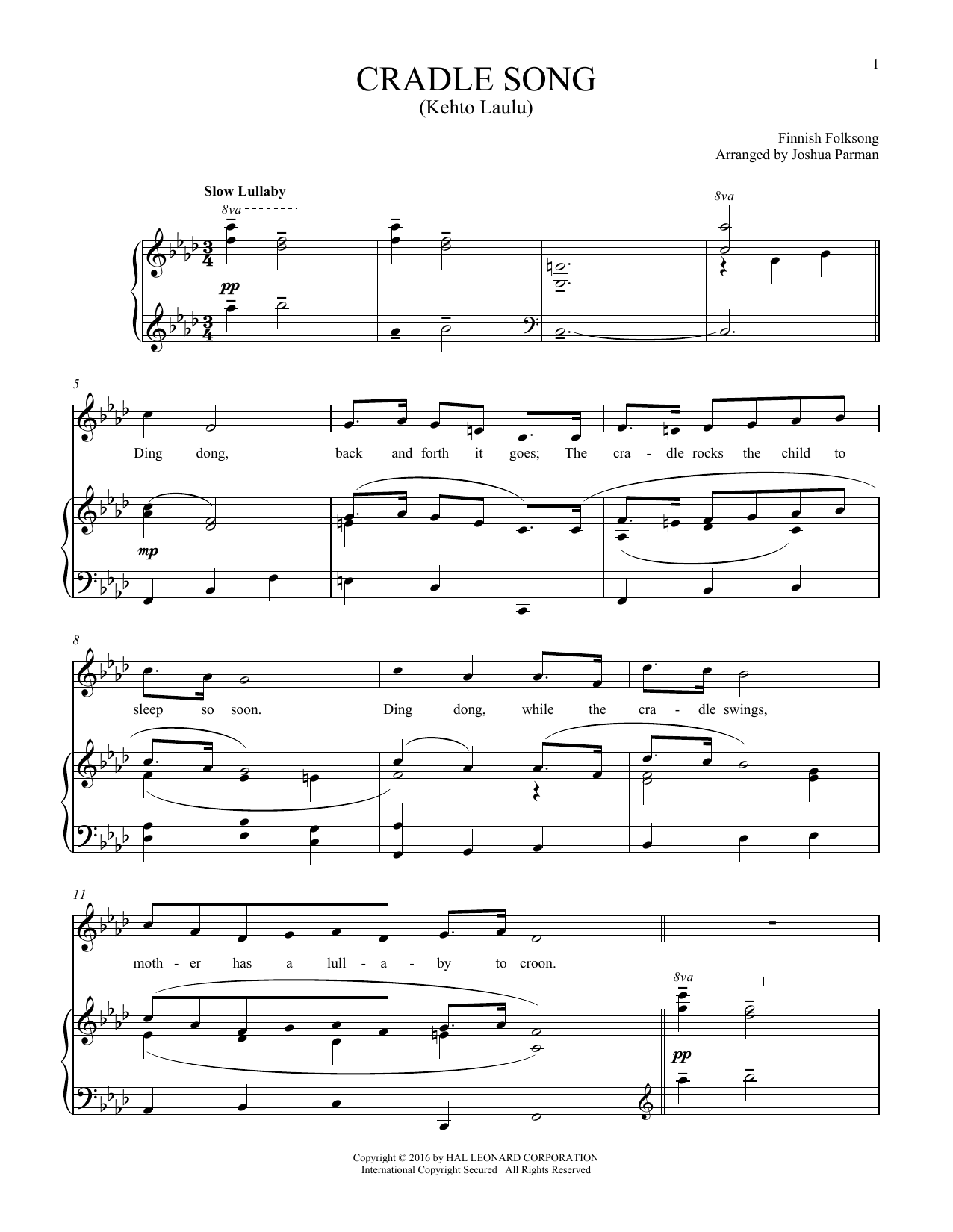 Finnish Folksong Kehto Laula (Cradle Song) Sheet Music Notes & Chords for Piano & Vocal - Download or Print PDF