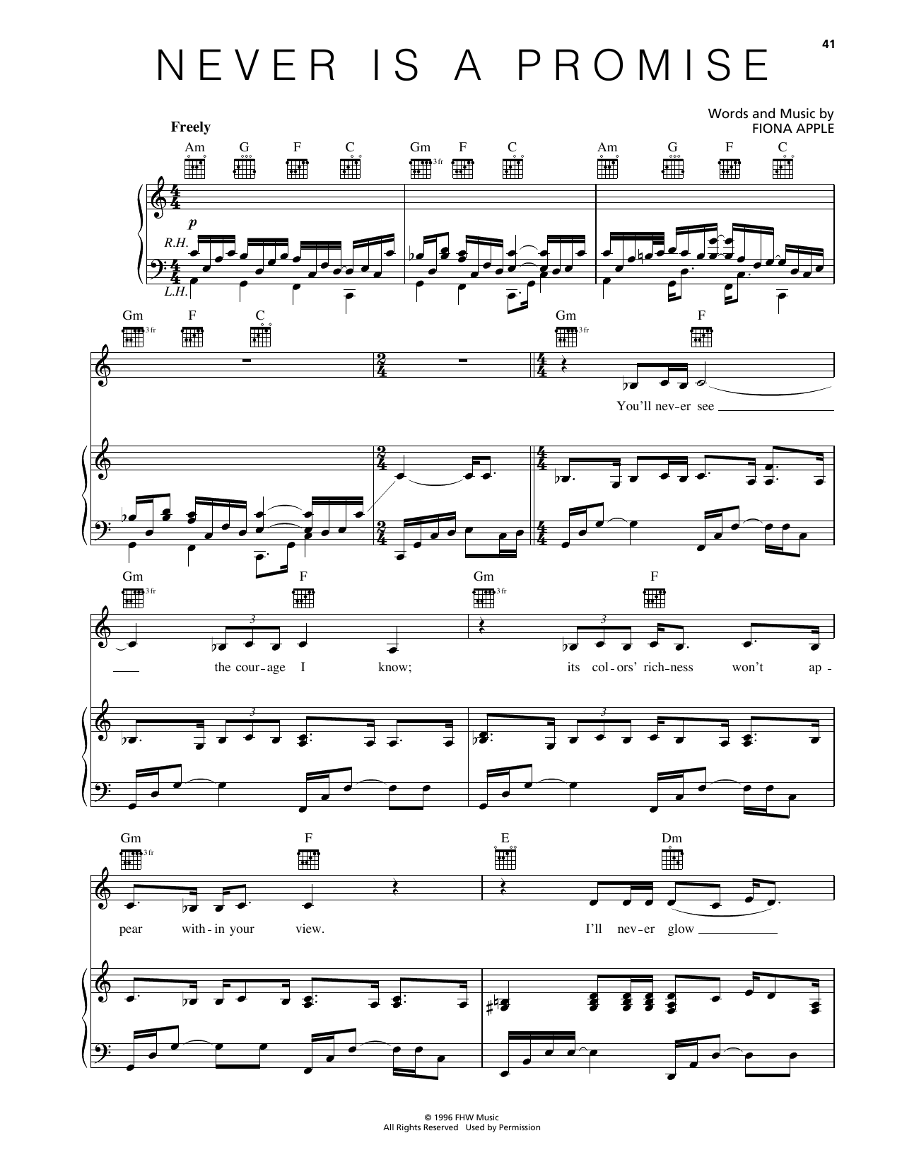 Fiona Apple Never Is A Promise Sheet Music Notes & Chords for Piano, Vocal & Guitar Chords (Right-Hand Melody) - Download or Print PDF