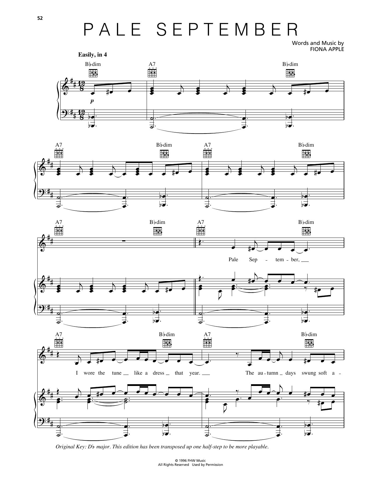 Fiona Apple Pale September Sheet Music Notes & Chords for Piano, Vocal & Guitar Chords (Right-Hand Melody) - Download or Print PDF