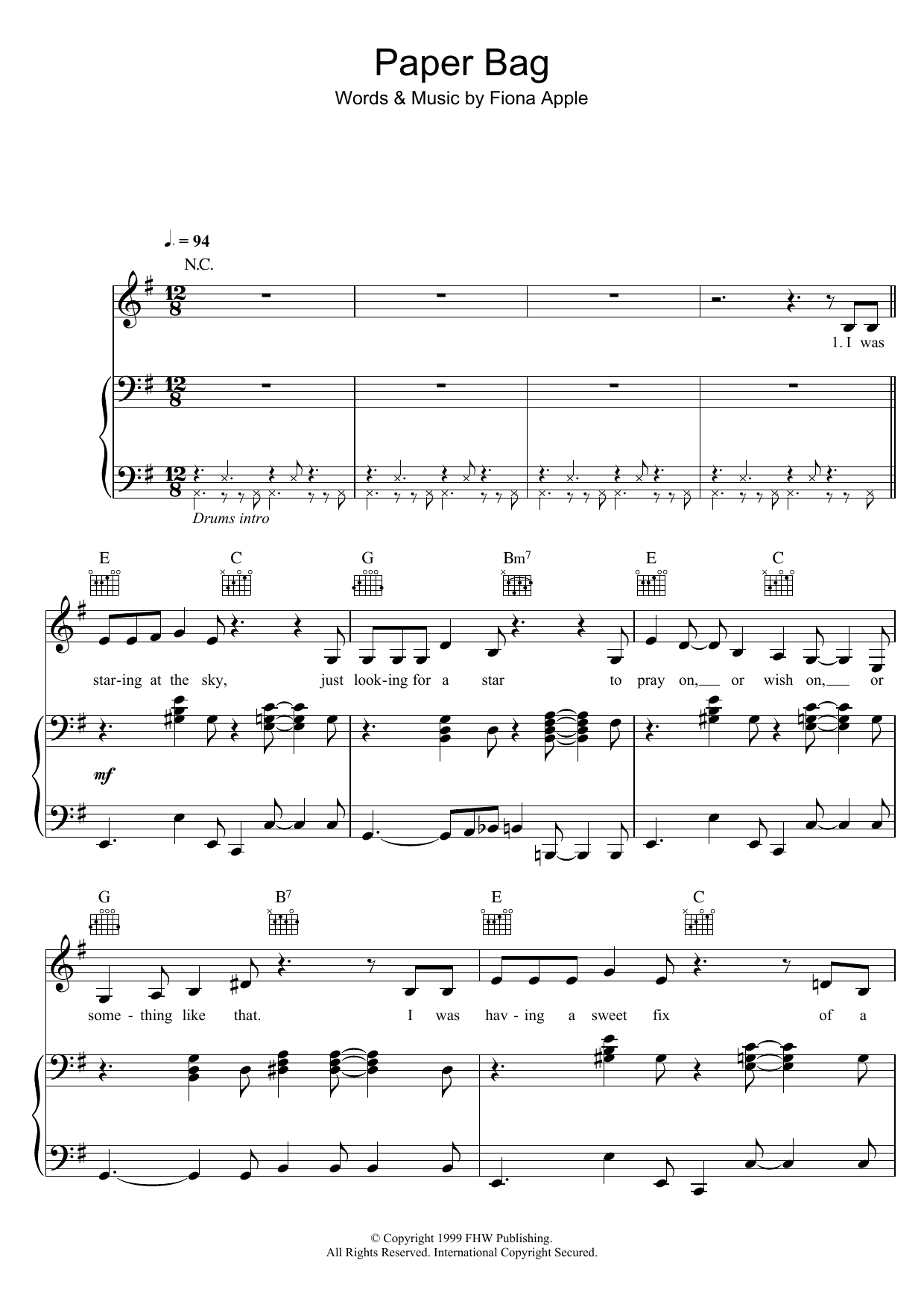 Fiona Apple Paper Bag Sheet Music Notes & Chords for Piano, Vocal & Guitar (Right-Hand Melody) - Download or Print PDF