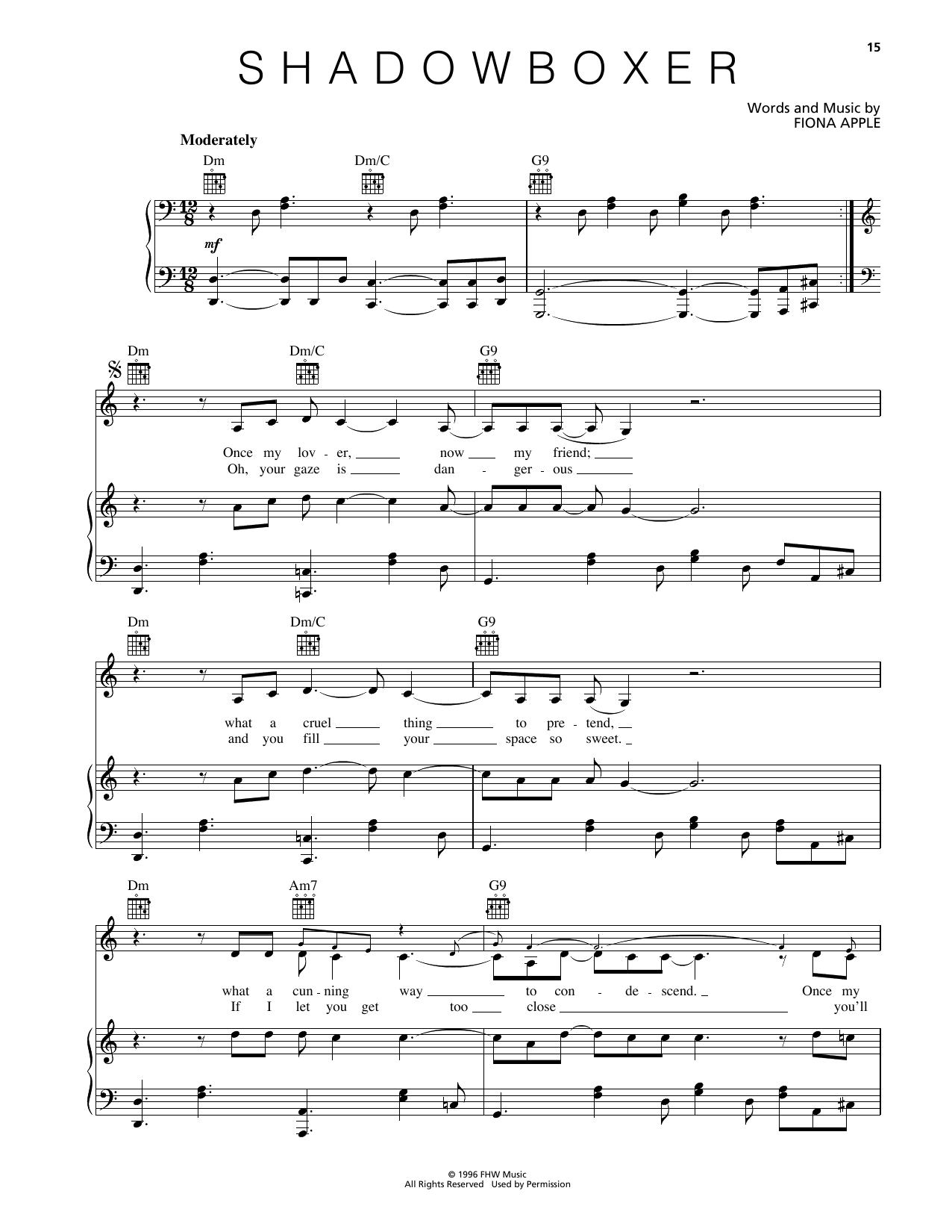 Fiona Apple Shadowboxer Sheet Music Notes & Chords for Piano, Vocal & Guitar Chords (Right-Hand Melody) - Download or Print PDF