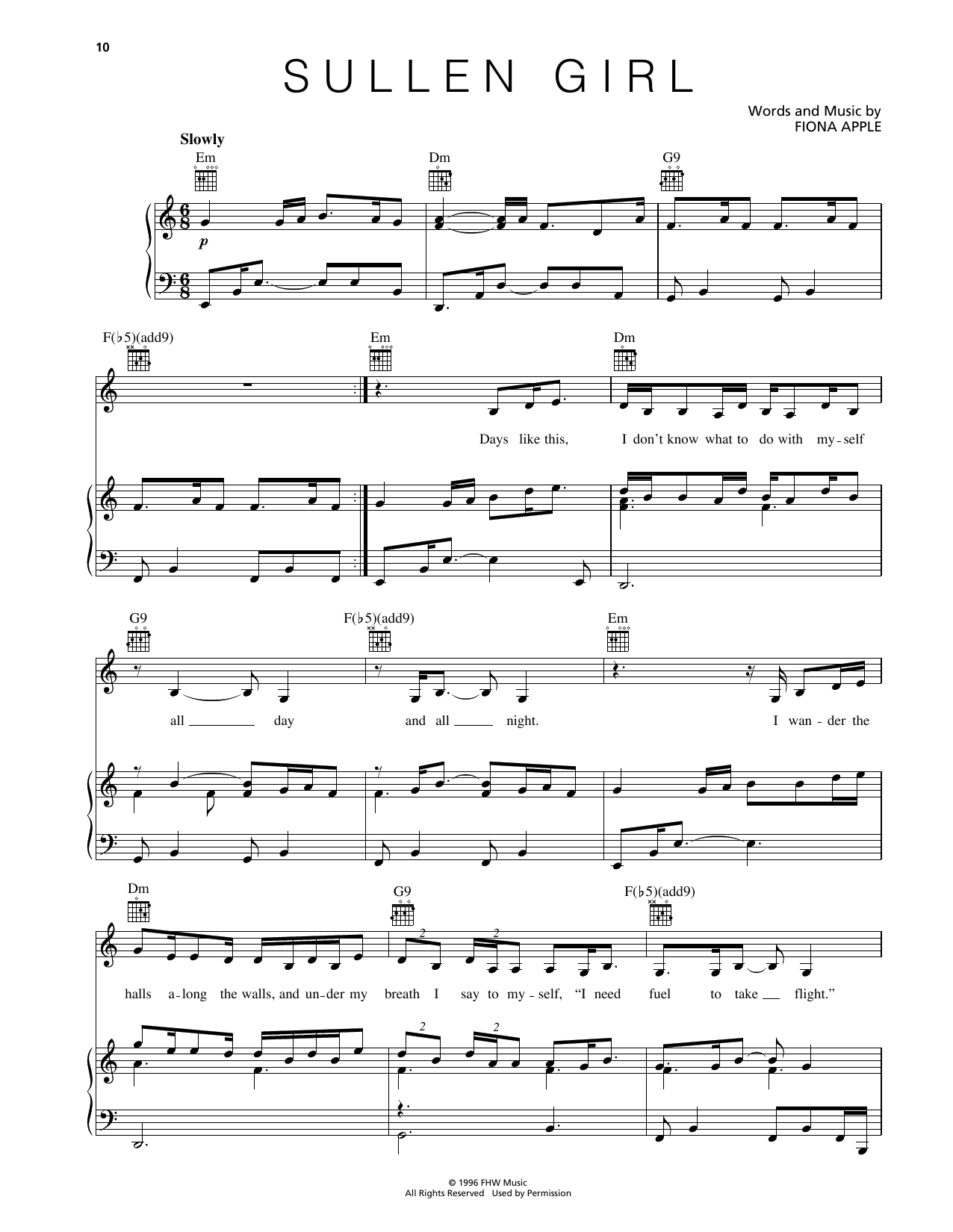Fiona Apple Sullen Girl Sheet Music Notes & Chords for Piano, Vocal & Guitar Chords (Right-Hand Melody) - Download or Print PDF