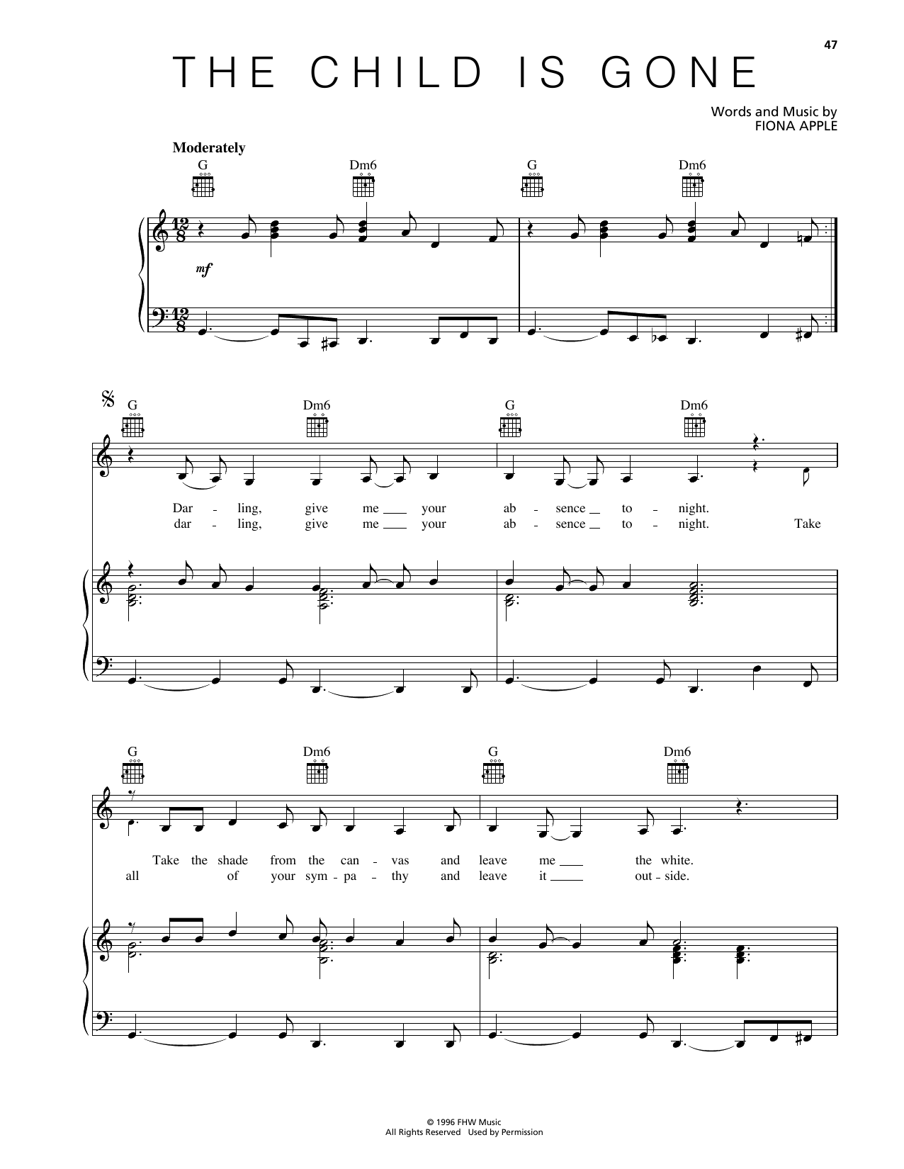 Fiona Apple The Child Is Gone Sheet Music Notes & Chords for Piano, Vocal & Guitar Chords (Right-Hand Melody) - Download or Print PDF