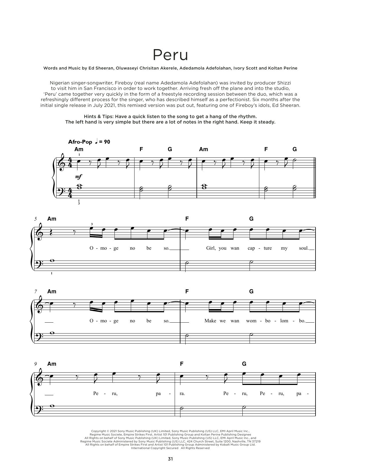 Fireboy DML & Ed Sheeran Peru Sheet Music Notes & Chords for Really Easy Piano - Download or Print PDF