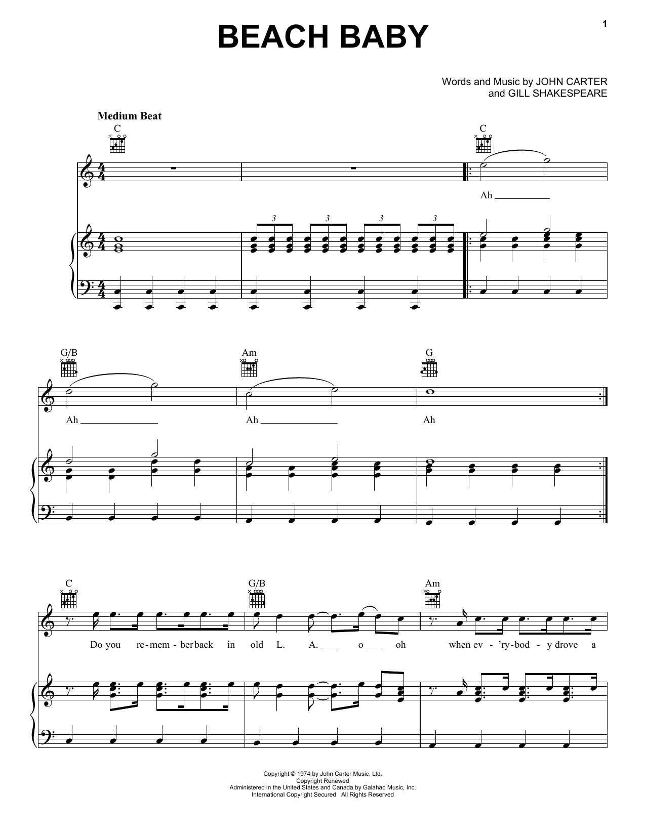 First Class Beach Baby Sheet Music Notes & Chords for Piano, Vocal & Guitar (Right-Hand Melody) - Download or Print PDF