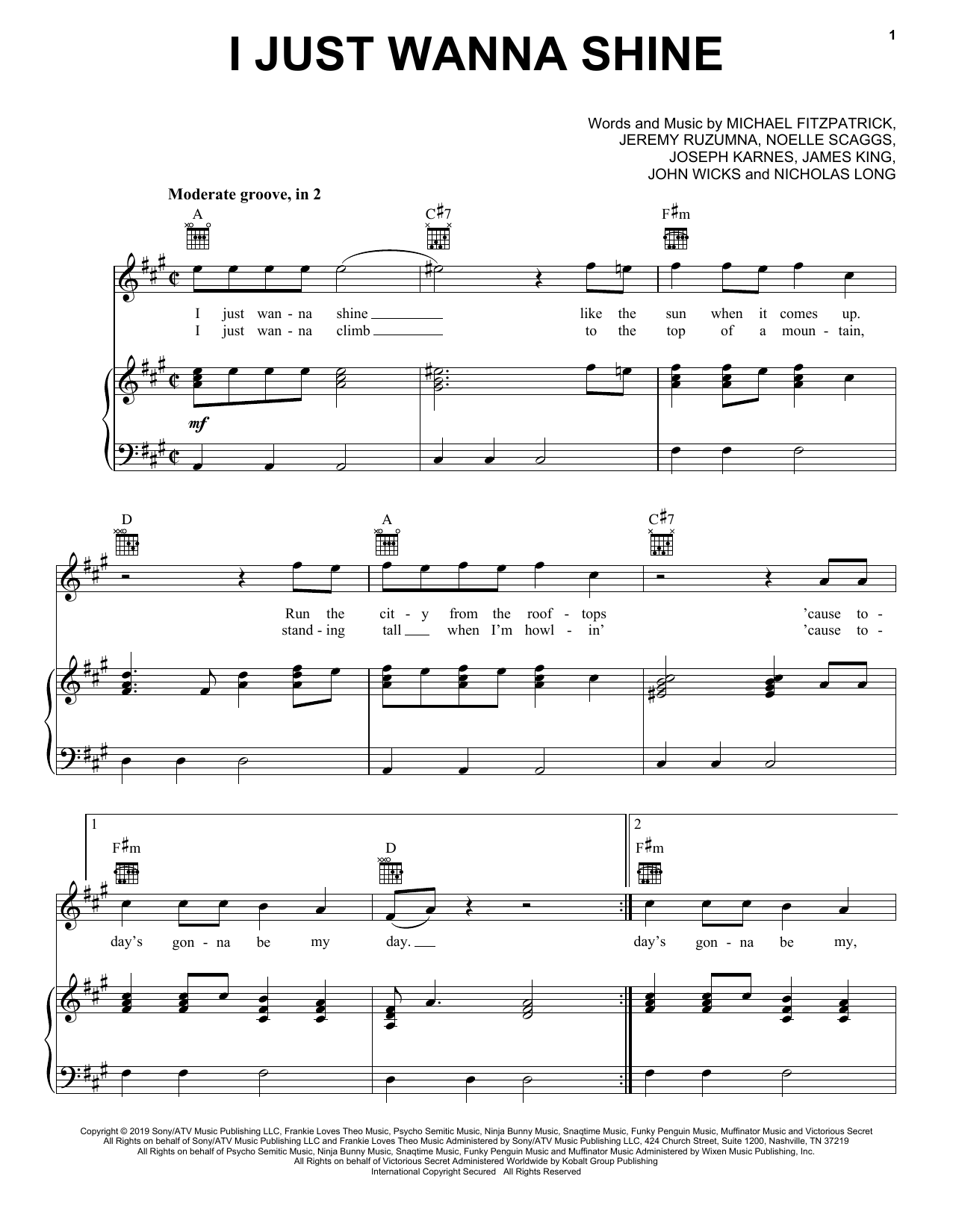 Fitz And The Tantrums I Just Wanna Shine Sheet Music Notes & Chords for Piano, Vocal & Guitar (Right-Hand Melody) - Download or Print PDF