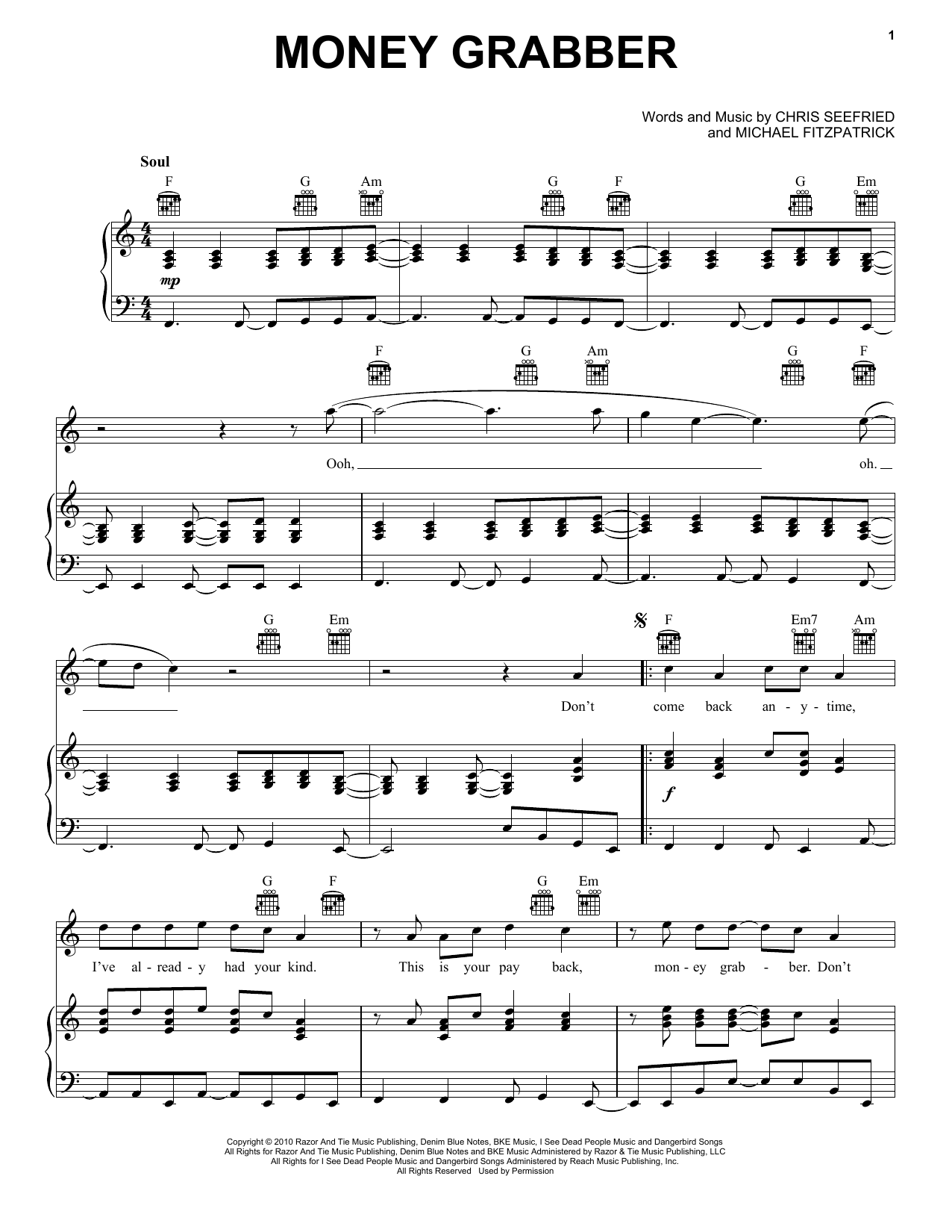 Fitz And The Tantrums Money Grabber Sheet Music Notes & Chords for Piano, Vocal & Guitar (Right-Hand Melody) - Download or Print PDF